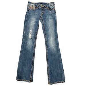 Seven7 Bootcut Size 27 Blue Denim Contrast Stitching Embroidered Pockets Distres